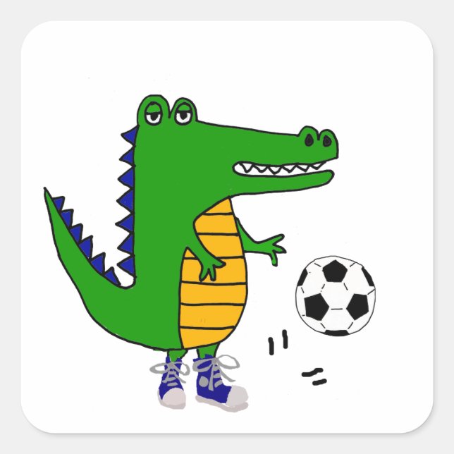 Cute Alligator Playing Soccer or Football Cartoon Square Sticker (Front)