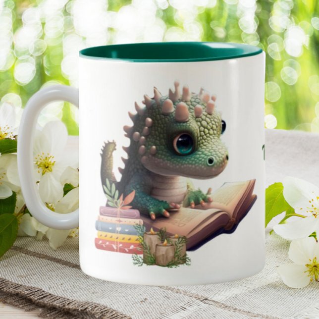 Cute Alligator Reading a Book Personalized  Two-Tone Coffee Mug (Creator Uploaded)