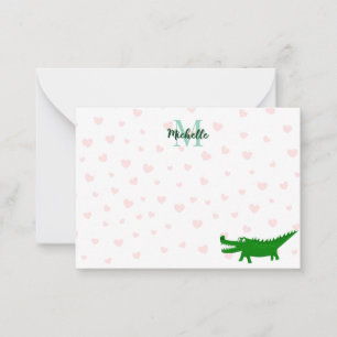 Cute Alligator Red Hearts Lined Personalized Note Card