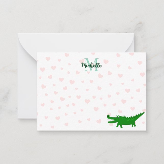  Cute Alligator Red Hearts Lined Personalized Note Card (Front)