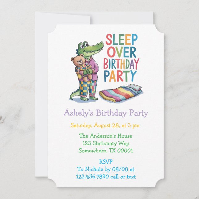Cute Alligator Sleep Over Birthday Party Invitation (Front)