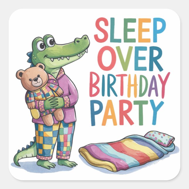 Cute Alligator Sleep Over Birthday Party Square Sticker (Front)