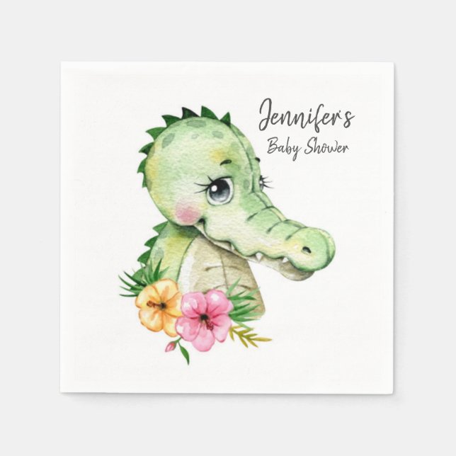 Cute Alligator Watercolor Floral Baby Shower  Napkins (Front)