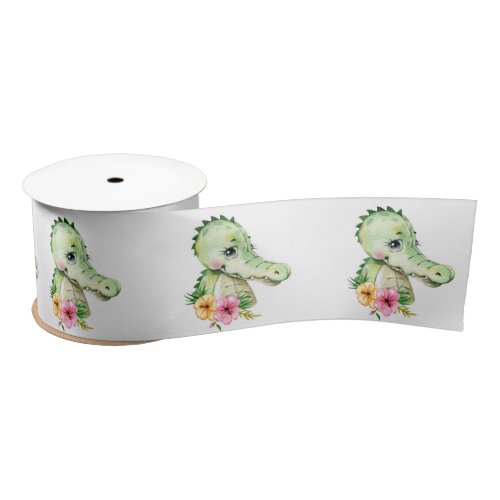 Cute Alligator Watercolor Floral Baby Shower Satin Ribbon