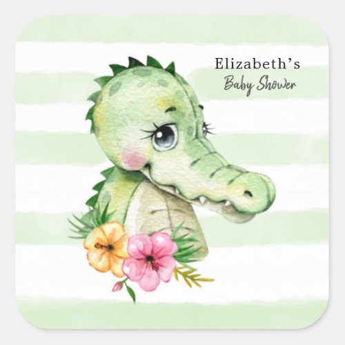 Cute Alligator Watercolor Floral Baby Shower Square Sticker