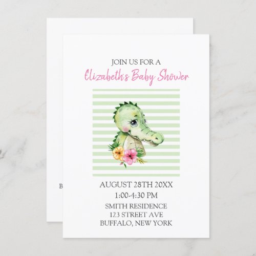 Cute Alligator Watercolor Hibiscus Baby Shower  In Invitation