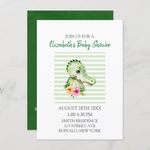 Cute Alligator Watercolor Hibiscus Baby Shower Invitation