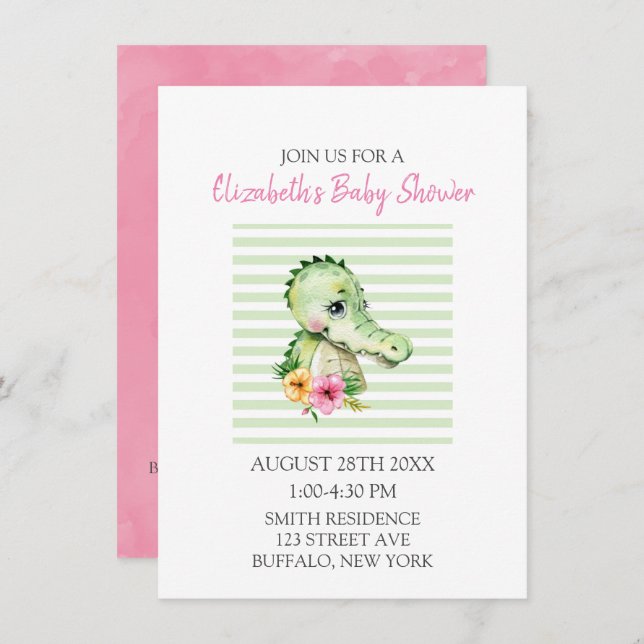 Cute Alligator Watercolor Hibiscus Baby Shower Invitation (Front/Back)