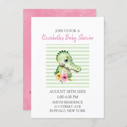 Cute Alligator Watercolor Hibiscus Baby Shower Invitation