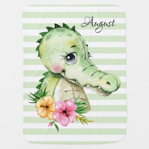 Cute Alligator Watercolor Hibiscus Monogram  Baby Blanket