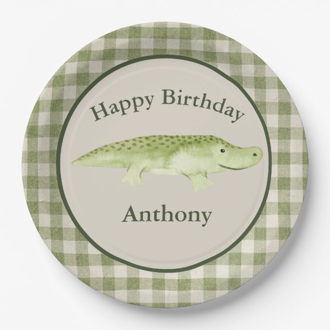 Cute Alligator Watercolor Name Birthday Paper Plates (Front)