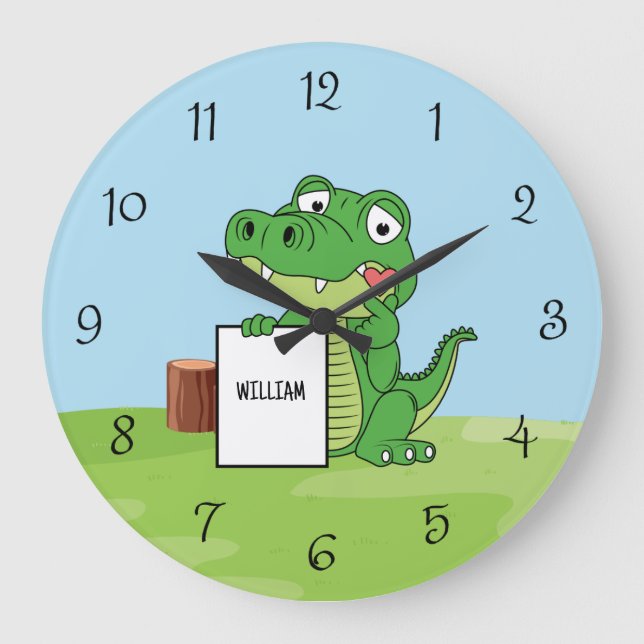 Cute Alligator with Heart & Custom name  Large Clock (Front)