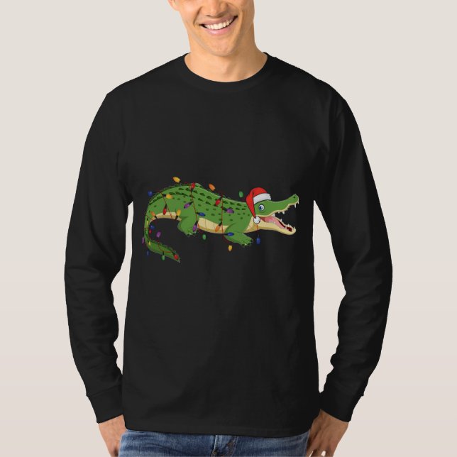 Cute Alligator With Santa's Hat Christmas Lights X T-Shirt (Front)