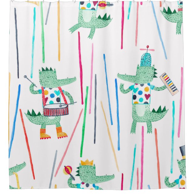 Cute alligators with musical instruments. Watercol Shower Curtain (Front)