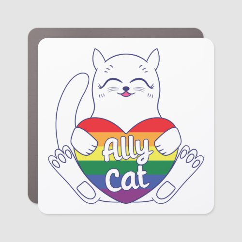 Cute Ally Cat With Heart LGBTQ Rainbow Pride Flag Car Magnet