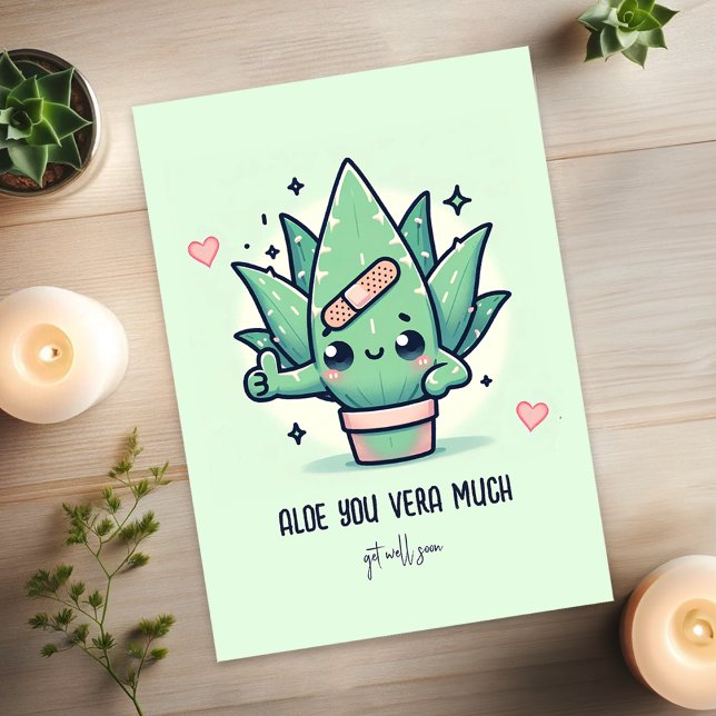 Cute "Aloe You Vera Much" Get Well Soon Funny Pun Card (Creator Uploaded)