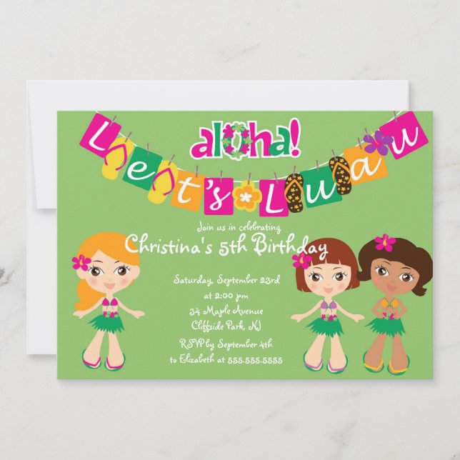 Cute Aloha Luau Birthday Party Invitations (Front)