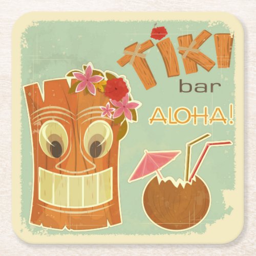 Cute Aloha Tiki Bar Pineapple Cartoon Square Paper Coaster