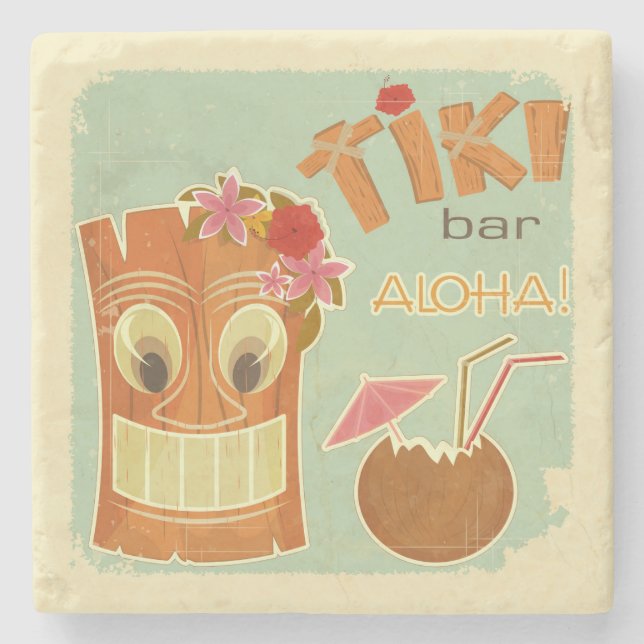 Cute Aloha Tiki Bar Pineapple Cartoon Stone Coaster (Front)
