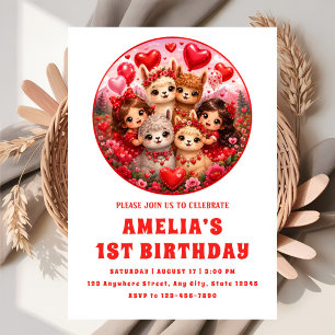 Cute Alpaca and Hearts First Birthday Invitation