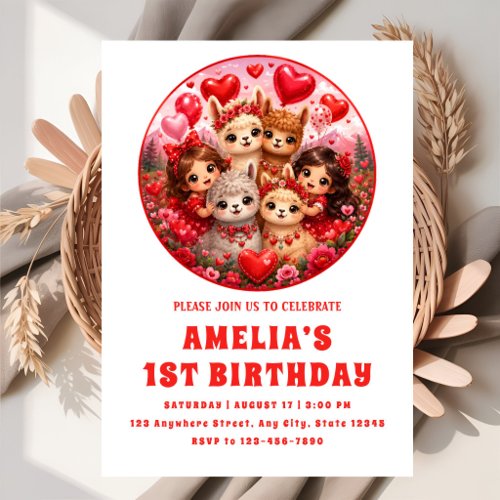 Cute Alpaca and Hearts First Birthday Invitation