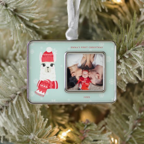 Cute Alpaca Babys First Christmas Custom Photo Christmas Ornament