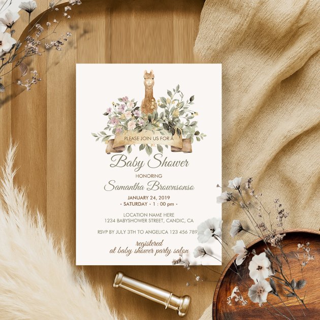 Cute Alpaca Botanical Ribbon Baby Shower Invitation
