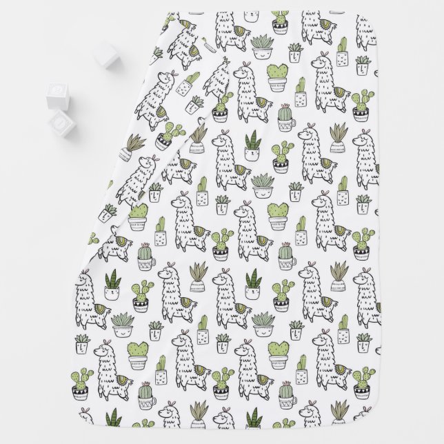Cute Alpaca & Cactus Pattern Baby Blanket (In Situ)