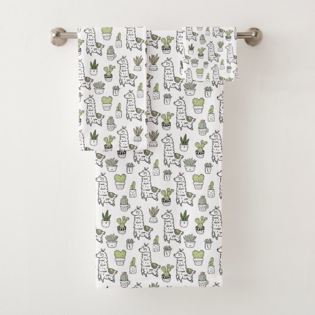 Cute Alpaca & Cactus Pattern Bath Towel Set (Insitu)