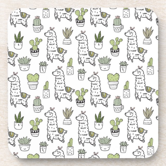 Cute Alpaca & Cactus Pattern Beverage Coaster (Front)