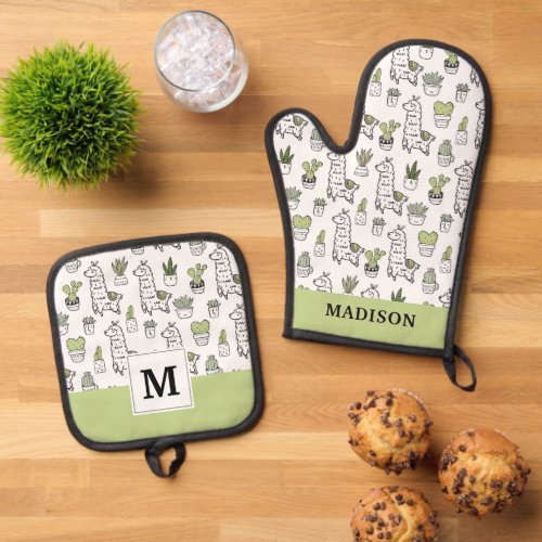 Cute Alpaca  Cactus Pattern Oven Mitt  Pot Holder Set