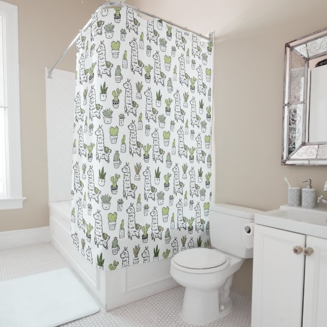 Cute Alpaca & Cactus Pattern Shower Curtain (In Situ)