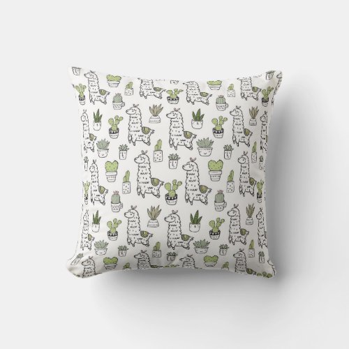 Cute Alpaca  Cactus Pattern Throw Pillow