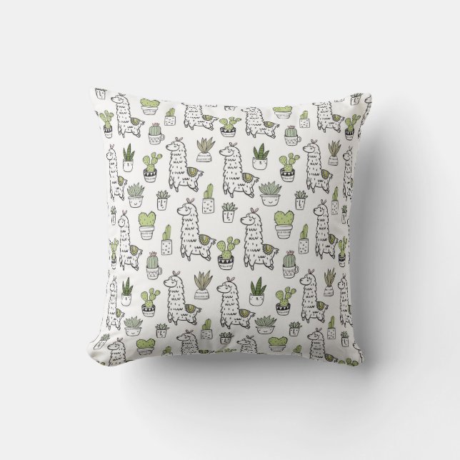 Cute Alpaca & Cactus Pattern Throw Pillow (Front)
