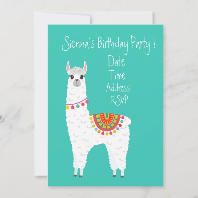 Cute alpaca colorful girls cute birthday party invitation (Front)