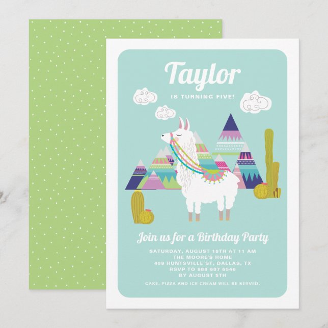 Cute Alpaca Colorful Kids Birthday Invitation (Front/Back)