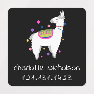 Cute Alpaca Flowers Name Phone Number Black Kids' Labels