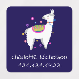 Cute Alpaca Flowers Name Phone Number Dark Blue Kids' Labels