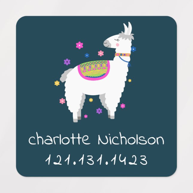 Cute Alpaca Flowers Personalized Name Phone Number Kids' Labels (Design 3)