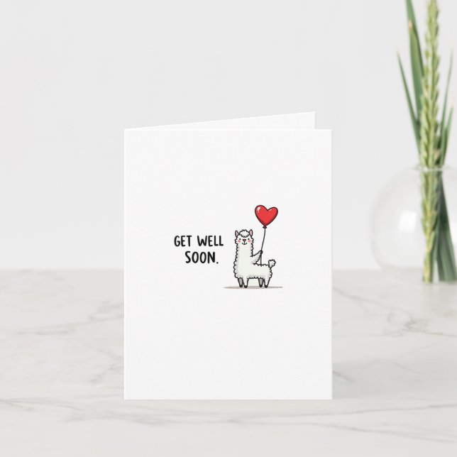 Cute Alpaca Get Well Soon Card with Heart Balloon (Front)