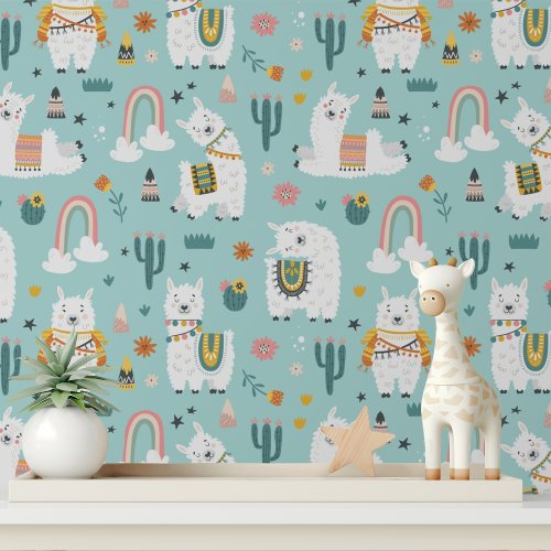 Cute Alpaca Girl Modern Kids Pattern Wallpaper