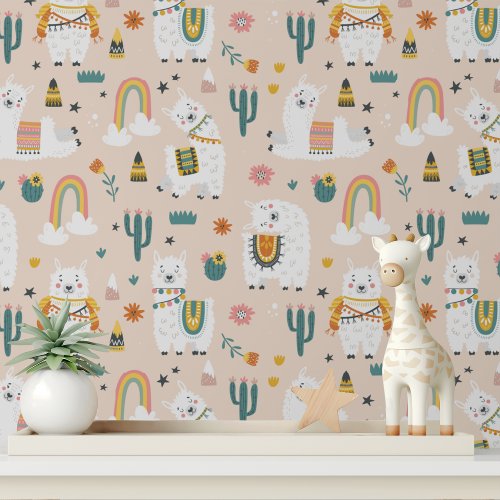 Cute Alpaca Girl Modern Kids Pattern Wallpaper