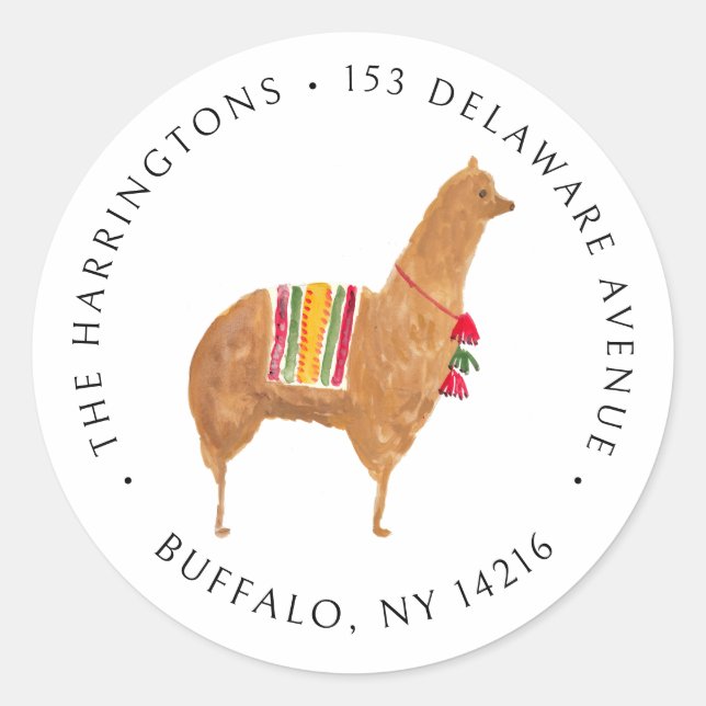 Cute Alpaca Hand-Drawn Animal Return Address  Classic Round Sticker (Front)
