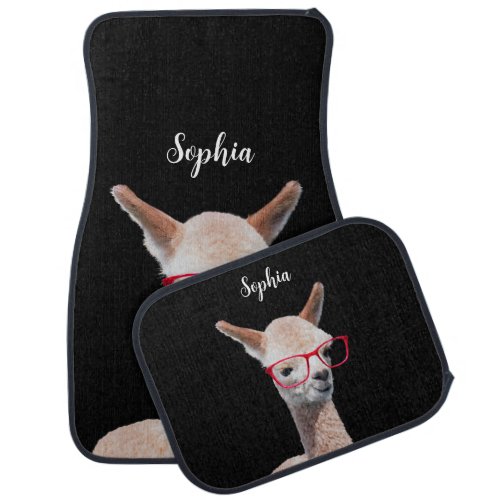 Cute Alpaca In Red Glasses Black Car Floor Mat