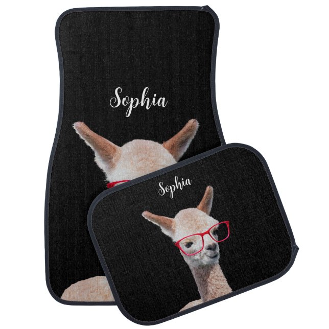 Cute Alpaca In Red Glasses, Black Car Floor Mat (Set)