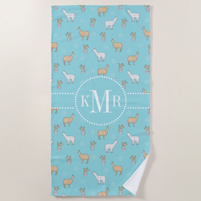 Cute Alpaca Llama Cactus Pattern Beach Towel (Front)