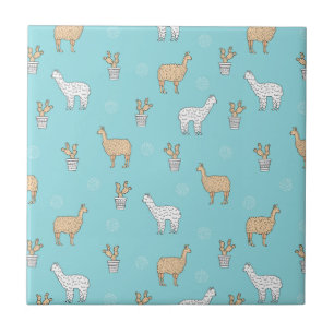 Cute Alpaca Llama Cactus Pattern Ceramic Tile