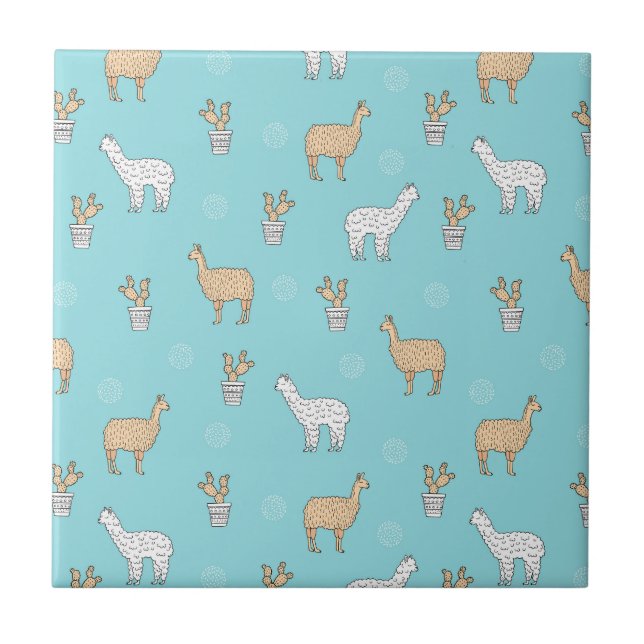 Cute Alpaca Llama Cactus Pattern Ceramic Tile (Front)