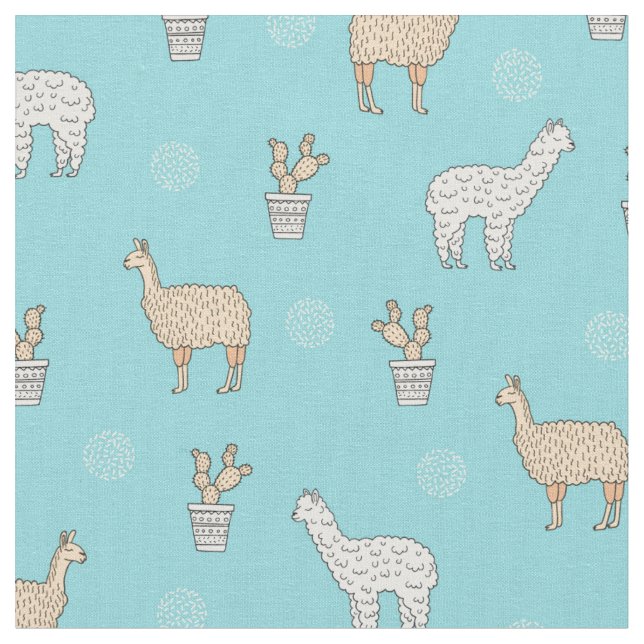 Cute Alpaca Llama Cactus Pattern Fabric (Close Up)