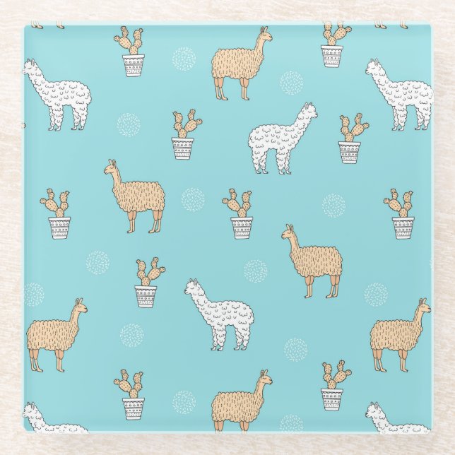 Cute Alpaca Llama Cactus Pattern Glass Coaster (Front)